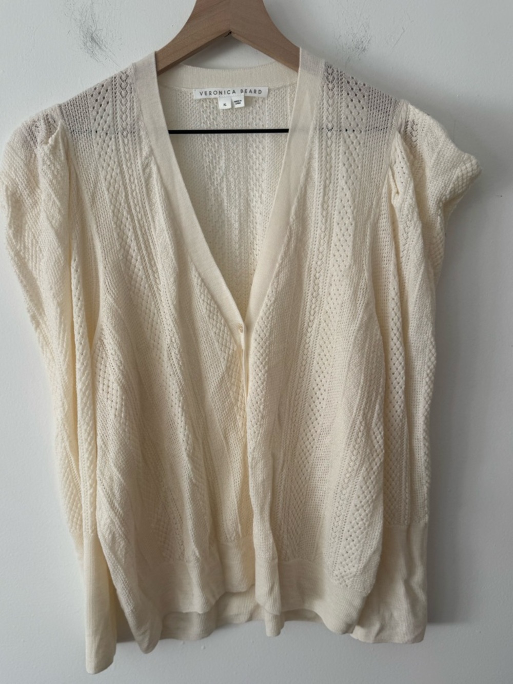 Veronica Beard Ivory Pointelle V-Neck Sweater XL